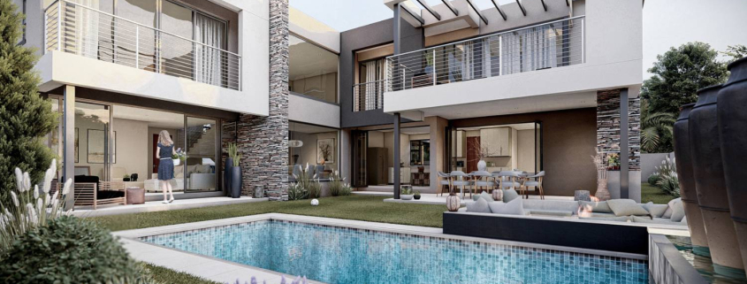 3D render visual for a homeowner to show the front garden and entertainment area