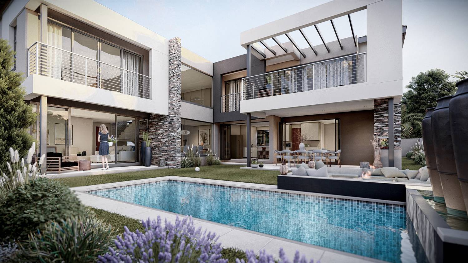 3D render visual for a homeowner to show the front garden and entertainment area