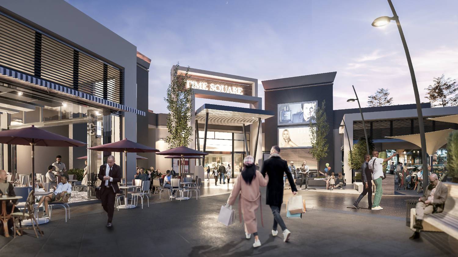 3D render visual of what a new mall would look like in the early evening - Time Square